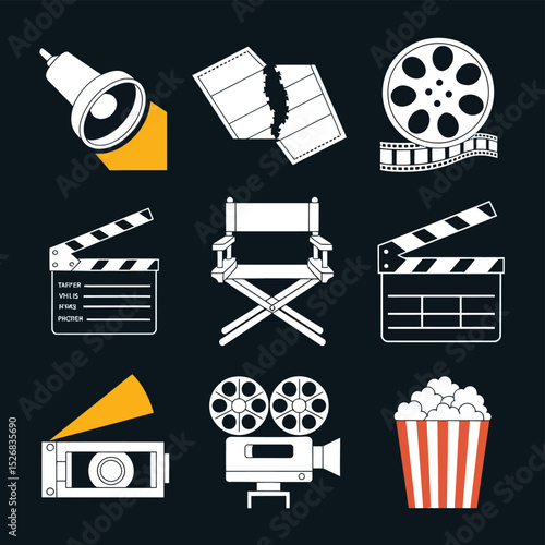 vector icons cinema, Director's Chair , theatrical Ticket roles, video tape, shattered spotlight  
