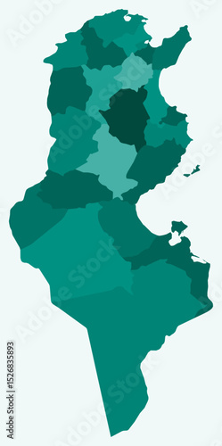 Map of Tunisia with regions. Just a simple country border map with region division. Teal color palette. Blank Tunisia shape with administrative division. Vector illustration.
