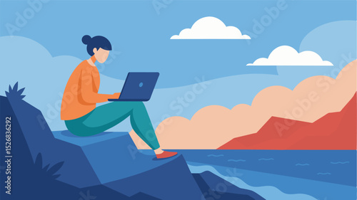 Experience the thrill of typing away on your laptop while perched on a cliff feeling the cool sea breeze on your skin.. Vector illustration