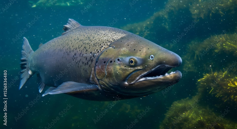 Naklejka premium Editorial Stock Photo of a Salmon Close-Up Underwater with Sharp Focus on Eye and Scale Patterns