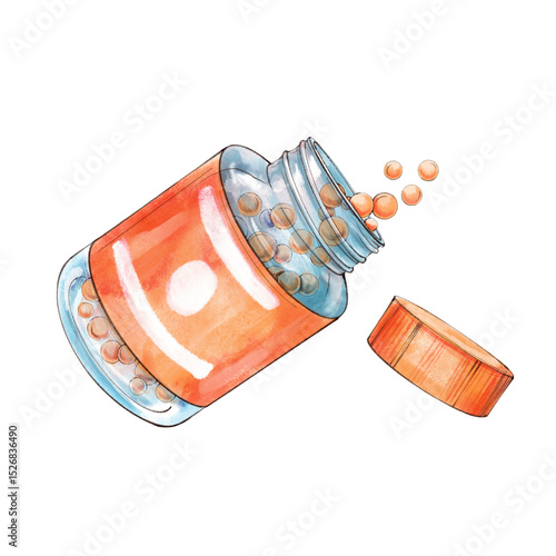 Medical blue transparent bottle with orange dragees lies with open lid, some of the vitamins are spill out of the jar. Watercolor isolated on white background mockup or design element