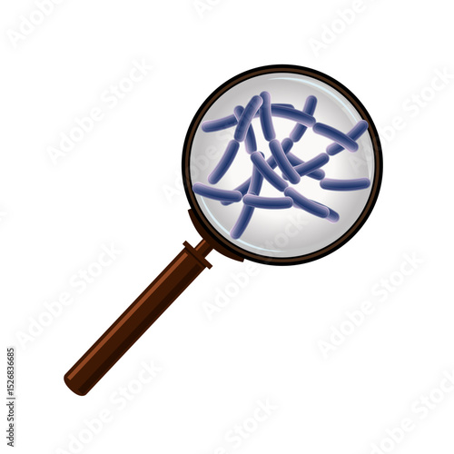 Bacteria and viruses under a magnifying glass. Study and research of pathogenic microflora. Vector illustration isolated on white background