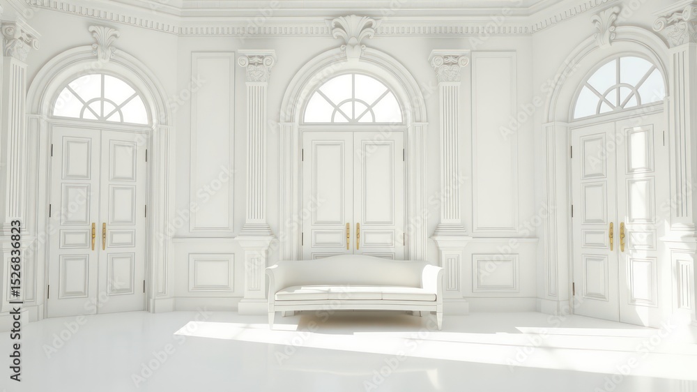 Fototapeta premium Elegant all white interior with ornate architectural details, double doors, bright light, and a classic style sofa