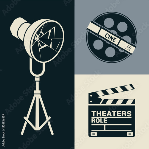 vector icons cinema, Director's Chair , theatrical Ticket roles, video tape, shattered spotlight  
