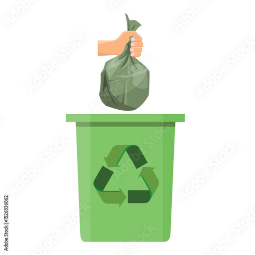 Garbage bag with household waste held by a hand over a trash bin. Vector illustration showing plastic waste disposal, sanitation, pollution control, and environmental responsibility.