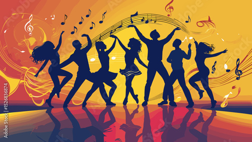 Silhouettes of dancers celebrating with music notes on a vibrant background