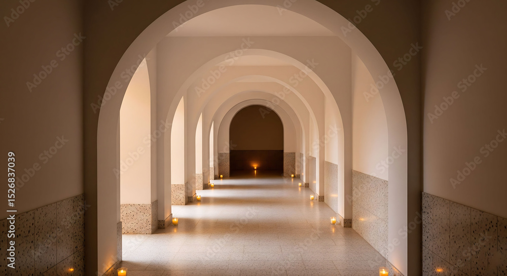 Obraz premium Long brick hallway with white arches, architectural depth and grandeur for backgrounds
