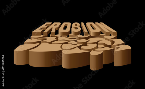 Erosion of soil illustrated as cracked dry land in a 3D text shape. Concept of land degradation, desertification, and environmental impact. Isolated vector symbolizing ecological destruction.