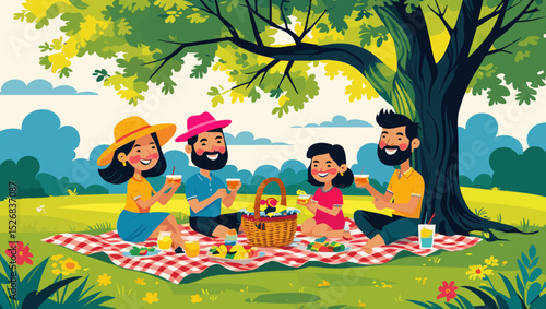Cheerful family having a picnic under a tree in a sunny park