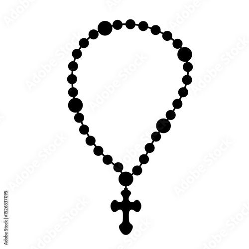 Silhouette of Rosary Beads with Cross. A black silhouette vector illustration of a traditional rosary necklace. The design features a series of round beads and a decorative cross.