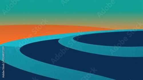 Abstract landscape with orange land and blue layered curves against a tealtobrown sky