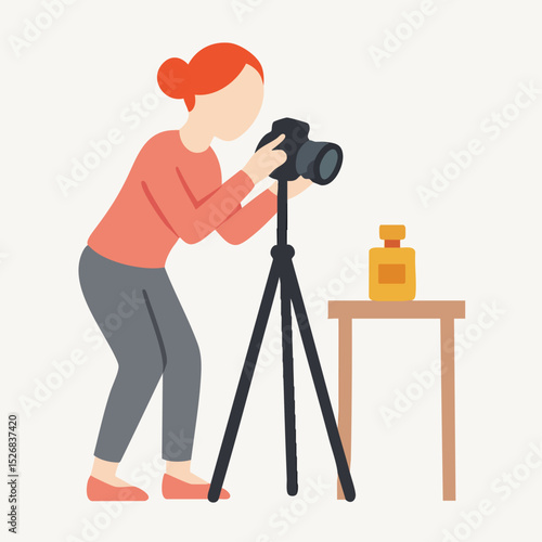 Flat Illustration Woman Taking Perfume Still Life Image with Camera