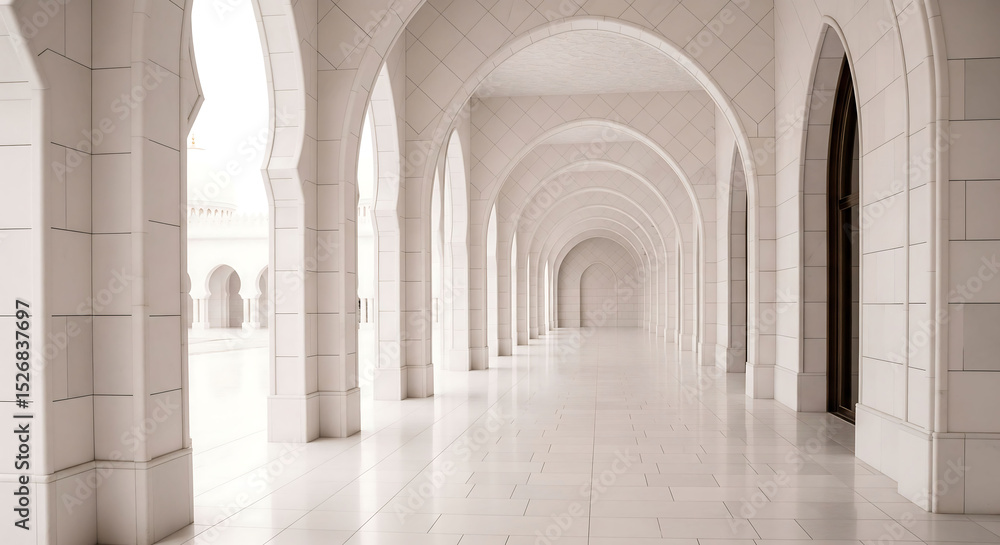 Brick hallway with white arches, grandeur, and depth, ideal for architecture backgrounds Brick hallway with white arches, grandeur, and depth, ideal for architecture backgrounds