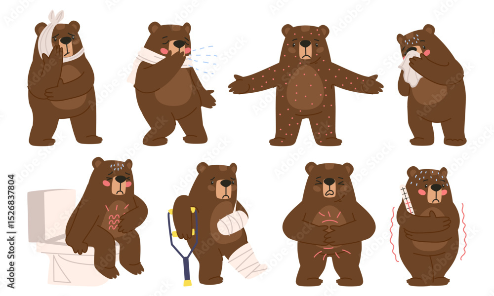 Fototapeta premium Set of health problems in a brown bear animal. The bear got a cold. Teddy broke his leg and arm. An animal with a bad stomach and a bad tooth. Flat vector illustration, eps10