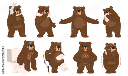 Set of health problems in a brown bear animal. The bear got a cold. Teddy broke his leg and arm. An animal with a bad stomach and a bad tooth. Flat vector illustration, eps10