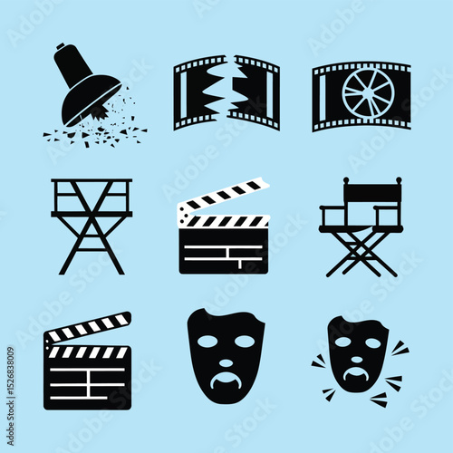 vector icons cinema, Director's Chair , theatrical Ticket roles, video tape, shattered spotlight  
