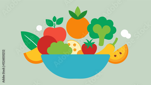 An image of a bowl of colorful fruits and vegetables symbolizing the importance of a balanced and nutritious diet for brain health and the prevention of diseases like dementia and. Vector illustration