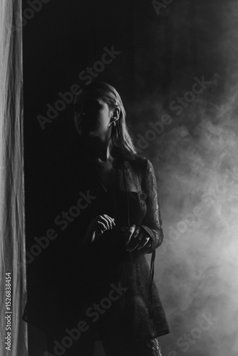 A mysterious woman stands in silhouette against a bright window, surrounded by dramatic smoke and shadows