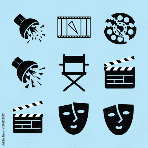 vector icons cinema, Director's Chair , theatrical Ticket roles, video tape, shattered spotlight  
