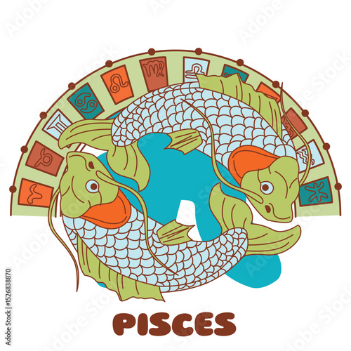 Colorful vector illustration of Pisces zodiac sign. Two koi fish swimming in a circle with astrological symbols. Horoscope theme in cartoon style