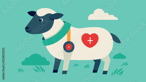 A smart collar on a sheep monitoring its temperature heart rate and location for early detection of illness or injury.. Vector illustration