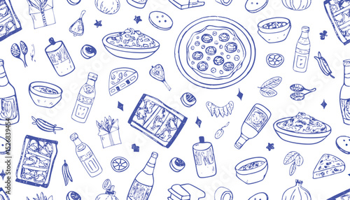Italian food illustration blue ink drawings of many dishes