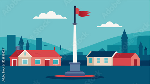 A lone flagpole stands tall in the center of the village square a reminder of the patriotism and national pride that was once strong in this now broken community.. Vector illustration