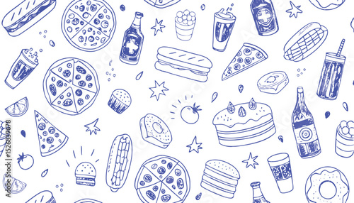 Hand drawn italian food illustrations in blue ink