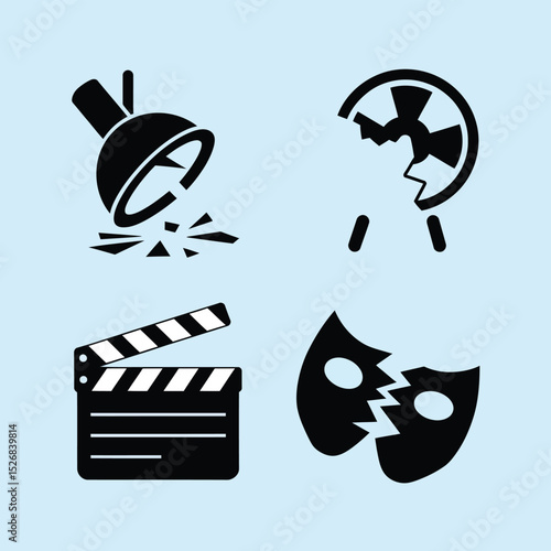 vector icons cinema, Director's Chair , theatrical Ticket roles, video tape, shattered spotlight  
