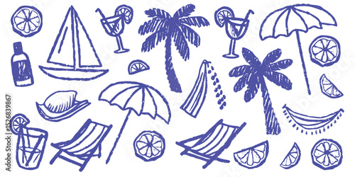 Purple summer vacation items and tropical design elements