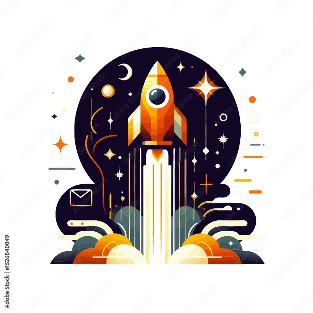 Fototapeta premium A dynamic rocket launch illustration with stars and planets, perfect for blogs on business startups, innovation, space exploration, or success.