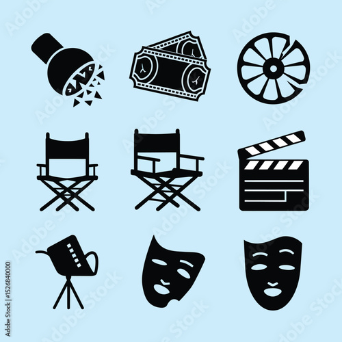 vector icons cinema, Director's Chair , theatrical Ticket roles, video tape, shattered spotlight  
