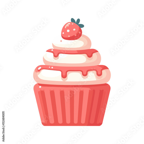 A sweet cupcake with pink frosting, strawberry topping, and a strawberry on top. Ideal for websites and blogs related to desserts, bakeries, parties, recipes, and sweet treats.