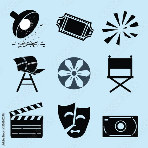 vector icons cinema, Director's Chair , theatrical Ticket roles, video tape, shattered spotlight  
