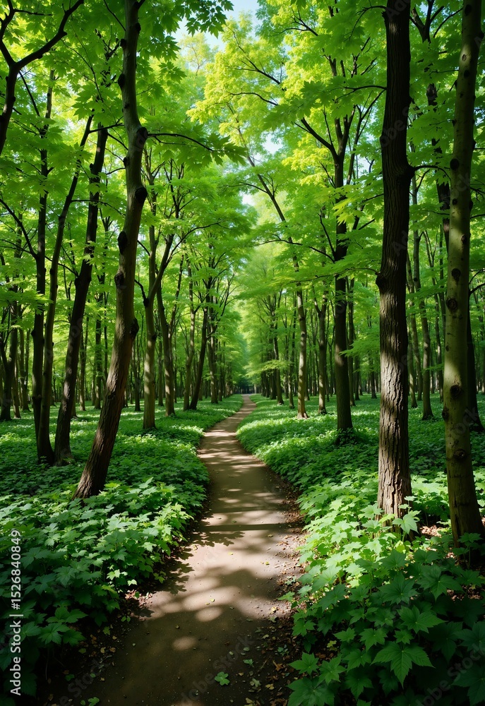 A serene forest pathway lined with tall trees and green foliage, inviting visitors to explore natures tranquil beauty A serene forest pathway lined with tall trees and green foliage, inviting visitors to explore natures tranquil beauty