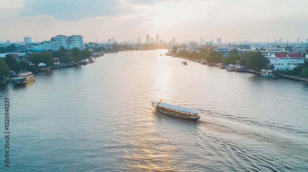 Naklejka premium Scenic River Cruise: A serene river cruise winds its way through a bustling cityscape at dusk, the tranquil waters mirroring the soft hues of the sky.