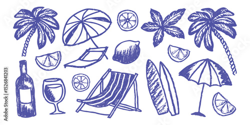 Summer violet floral elements and botanical illustrations