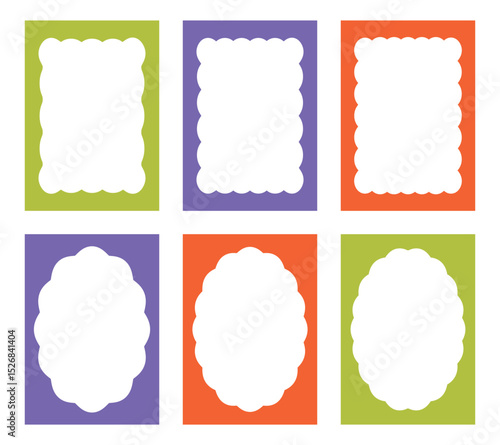 Set of vertical frames with zigzag edges. Rectangular and oval scalloped frames. Vector element for banner, text box, invitation, photo, social media.