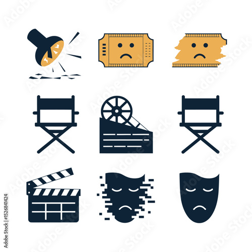 vector icons cinema, Director's Chair , theatrical Ticket roles, video tape, shattered spotlight  
