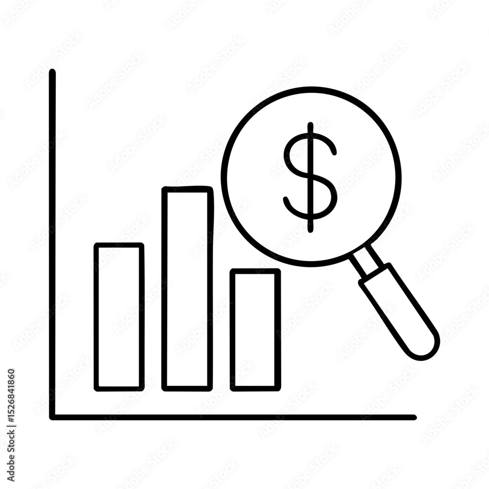 Financial analysis icon with bar chart and dollar magnifier Financial analysis icon with bar chart and dollar magnifier
