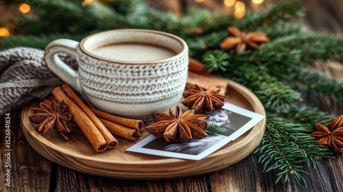 Cozy Winter Moment: A steaming mug of hot beverage on a wooden tray with cinnamon sticks, star anise, and seasonal greenery evoke warmth and relaxation amidst the winter ambiance.