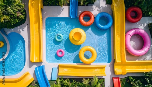 Colorful Water Park Pool Slides and Inflatable Rings in Sunny Outdoor Setting