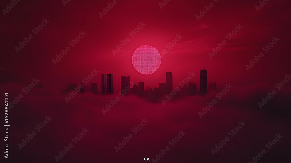 Fototapeta premium Red Cityscape Silhouette at Sunset with Pixelated Sun