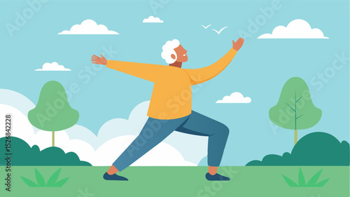 An older person doing tai chi in a quiet park finding balance and harmony with nature and their own body and mind.. Vector illustration
