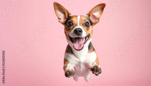 Wallpaper Mural Happy Dog Leaping in Air with Joy on Pink Background Full of Energy and Playfulness Torontodigital.ca