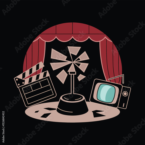 vector icons cinema, Director's Chair , theatrical Ticket roles, video tape, shattered spotlight  
