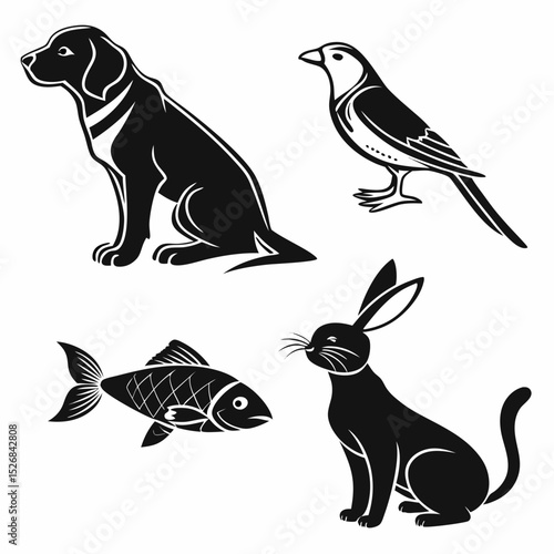 Black and white silhouettes of dog bird fish rabbit