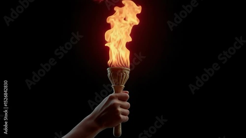 a hand holding a flaming torch against a black background, with flames leaping upwards. The torch emits an warm light