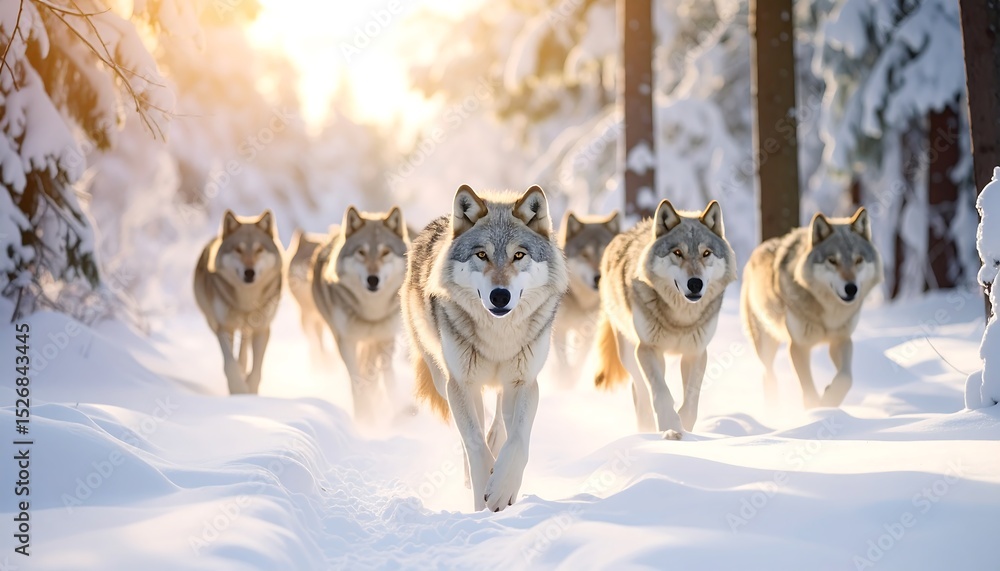 Naklejka premium Pack of Wolves Walking Through Snowy Forest at Dusk with Golden Sunlight and Trees