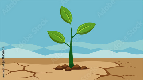 A young plant ly a few inches tall trying to fight against the odds as it struggles to survive in the hard cracked soil.. Vector illustration